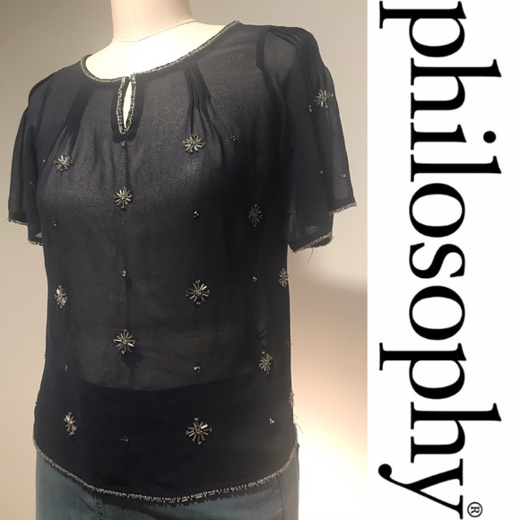 PHILOSOPHY Navy Sheer Blouse w/ bead detail ▪️sz S - Picture 1 of 7